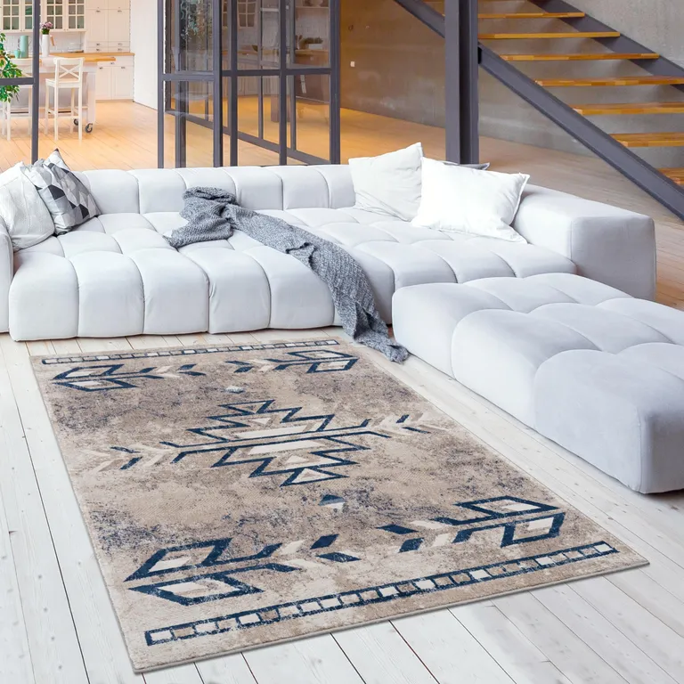 Beige and Blue Boho Chic Area Rug Photo 3