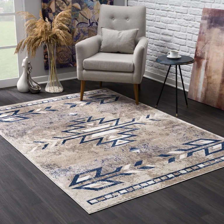 Beige and Blue Boho Chic Area Rug Photo 2