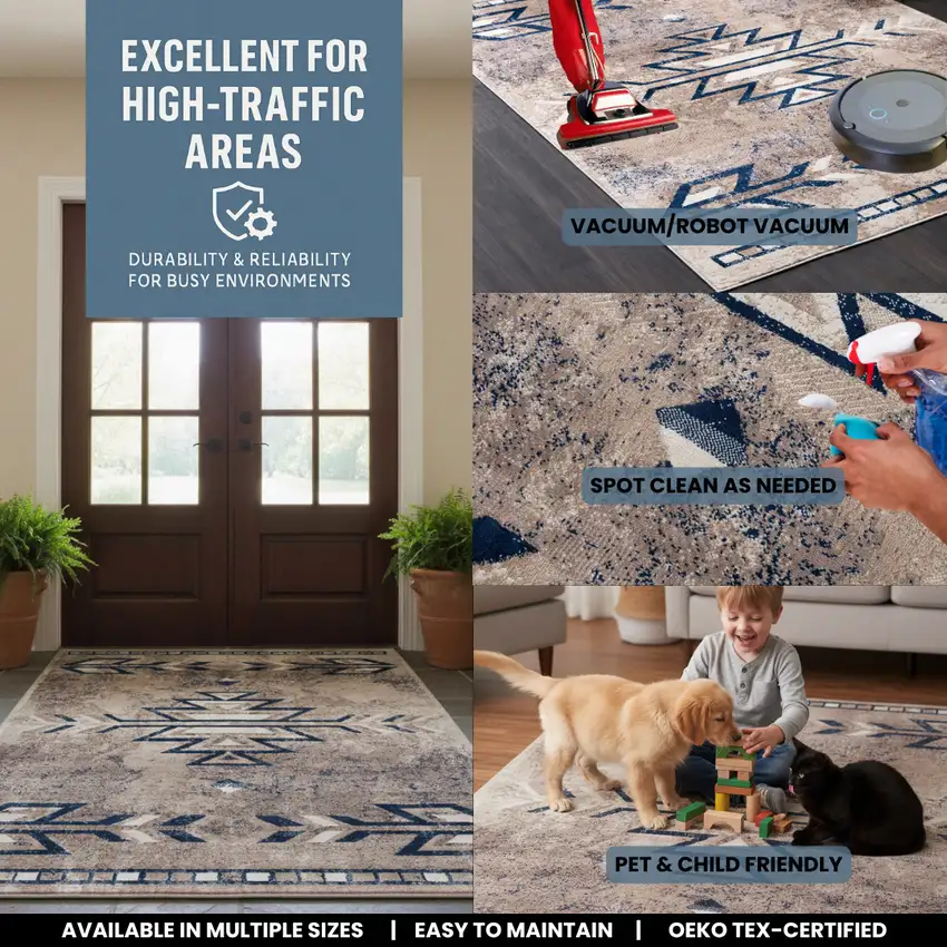 Beige And Blue Boho Chic Scatter Rug Photo 3