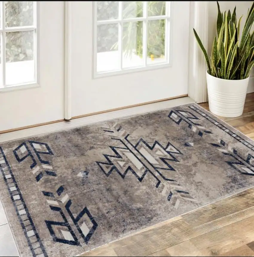 Beige And Blue Boho Chic Scatter Rug Photo 1