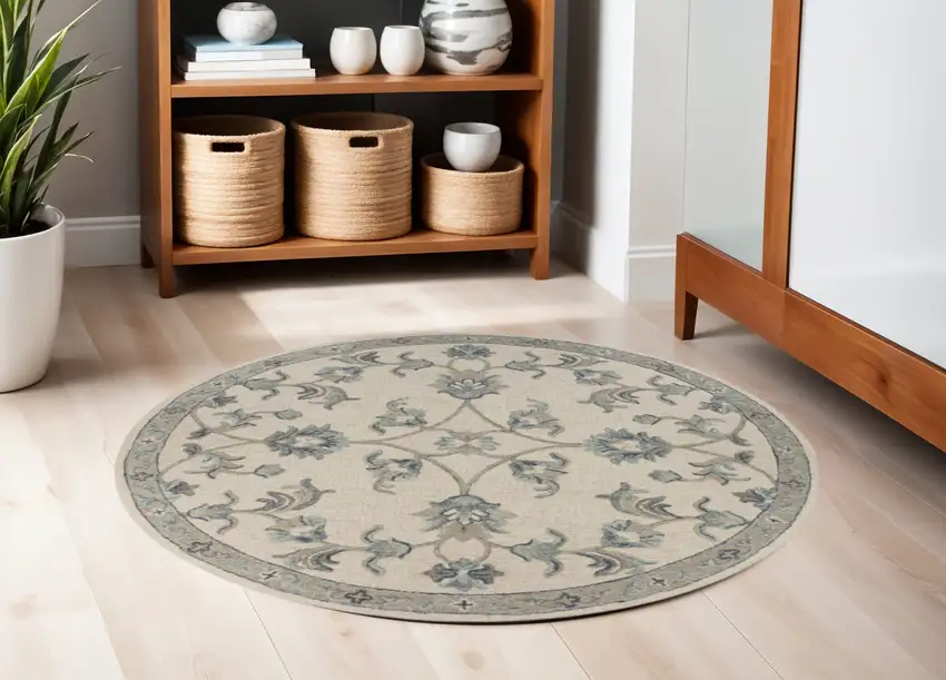 5' Light Blue Round Wool Hand Tufted Area Rug Photo 1