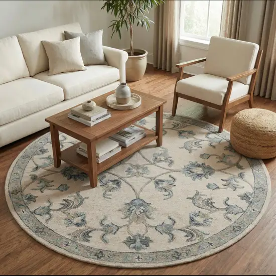 5' Light Blue Round Wool Hand Tufted Area Rug Photo 5