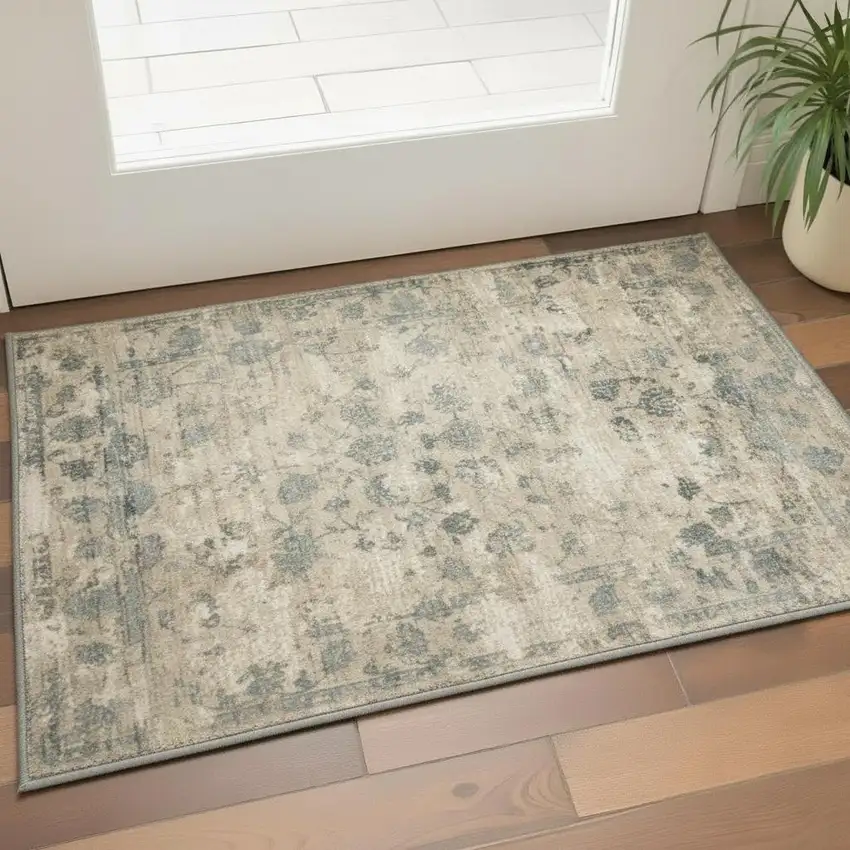 Beige And Blue Floral Medallion Hand Loomed Area Rug Photo 1