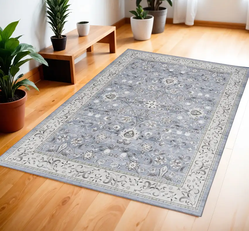 Beige and Blue Floral Distressed Non Skid Area Rug Photo 1