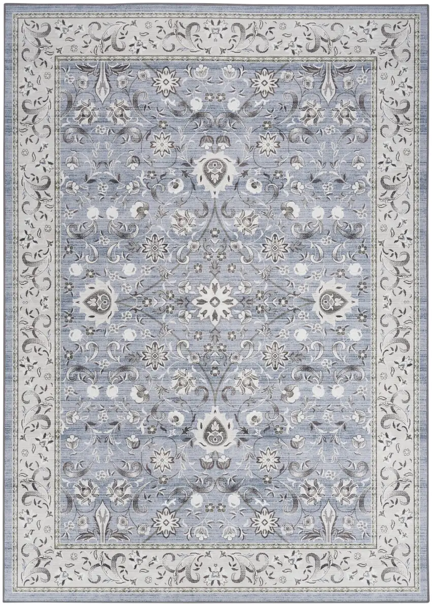 Beige and Blue Floral Distressed Non Skid Area Rug Photo 2