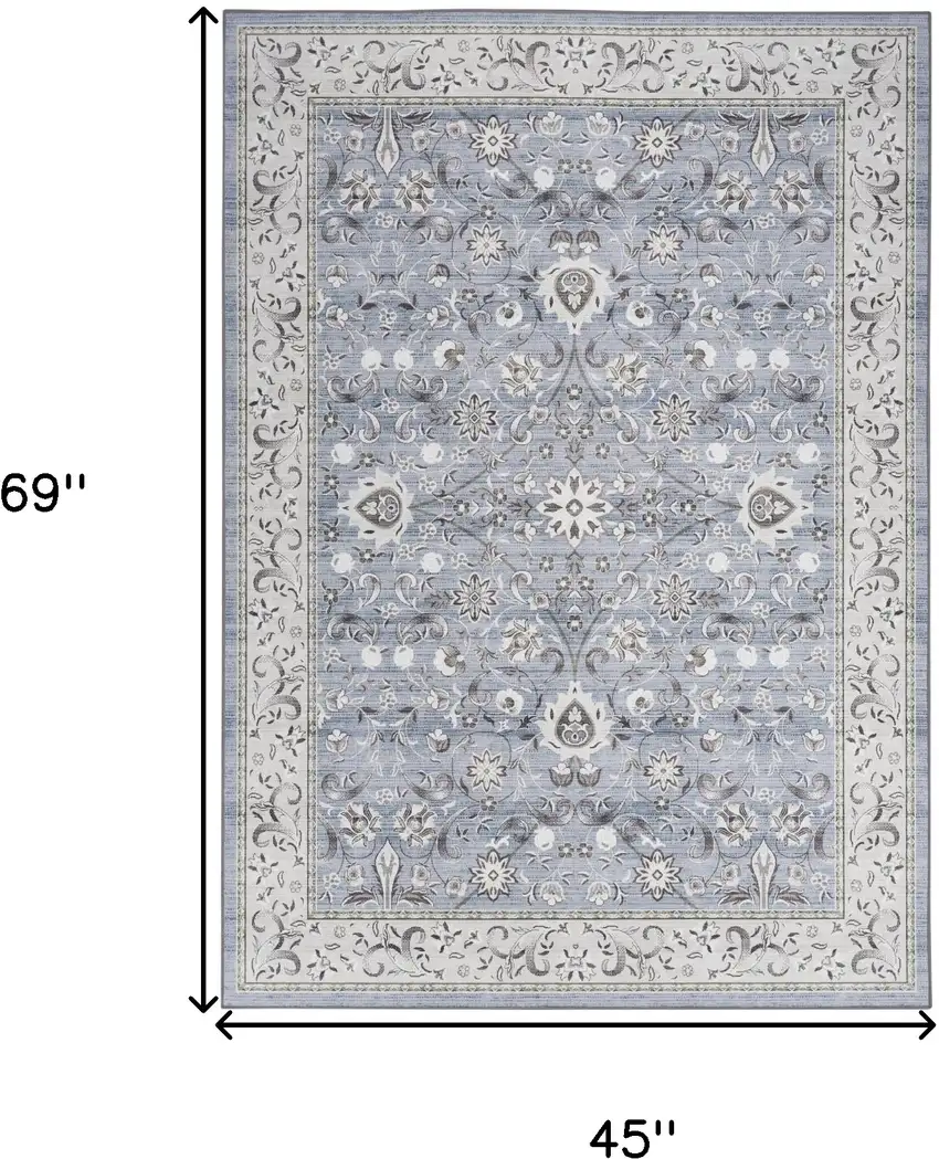 Beige and Blue Floral Distressed Non Skid Area Rug Photo 3