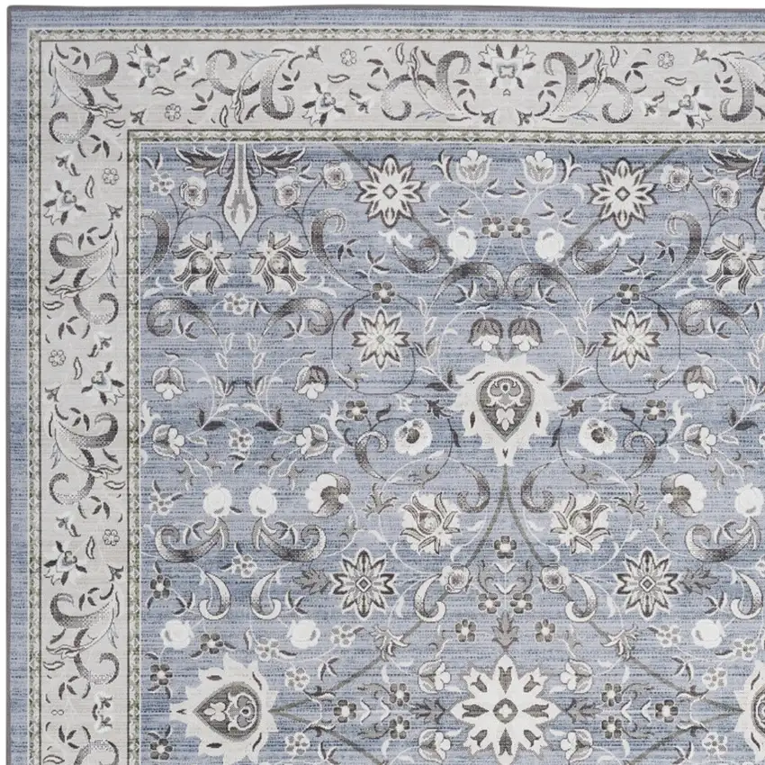Beige and Blue Floral Distressed Non Skid Area Rug Photo 7
