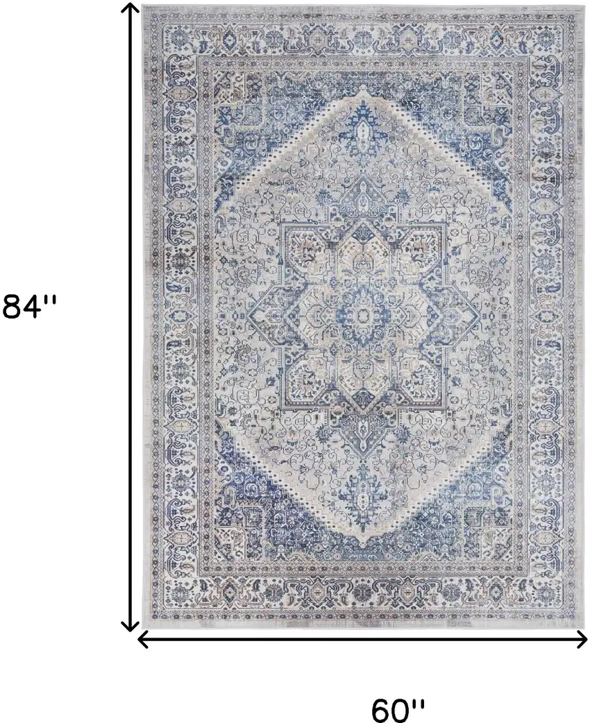 Beige and Blue Floral Medallion Distressed Non Skid Area Rug Photo 3