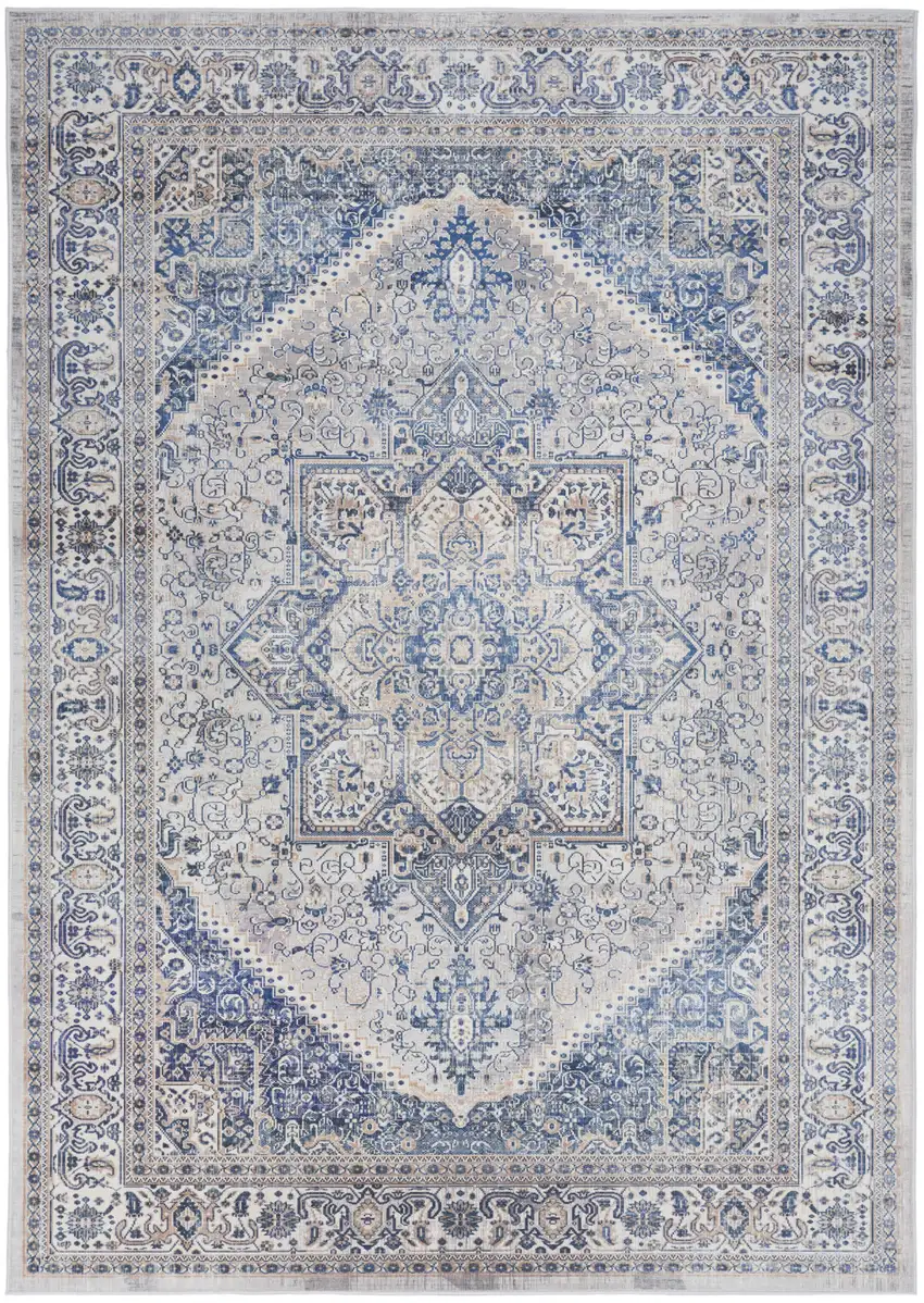 Beige and Blue Floral Medallion Distressed Non Skid Area Rug Photo 2