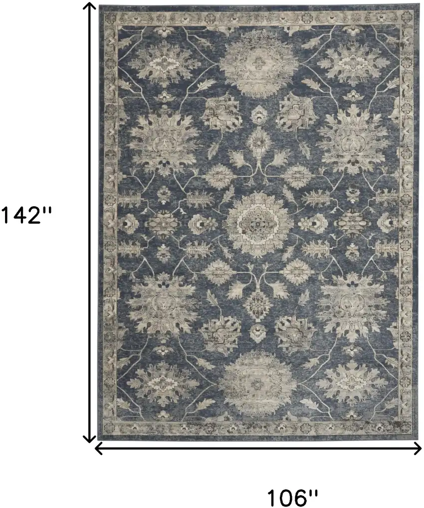 Beige and Blue Floral Medallion Power Loom Area Rug Photo 3