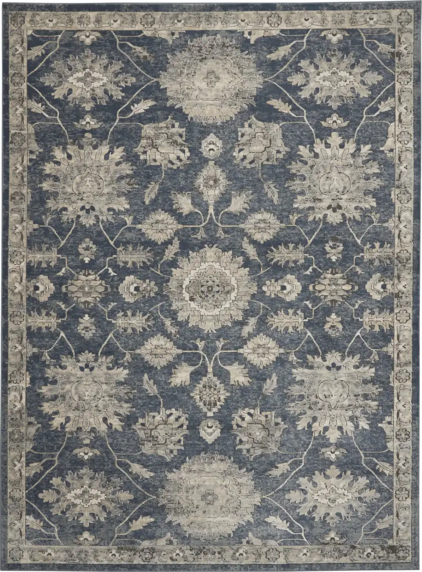Beige and Blue Floral Medallion Power Loom Area Rug Photo 2