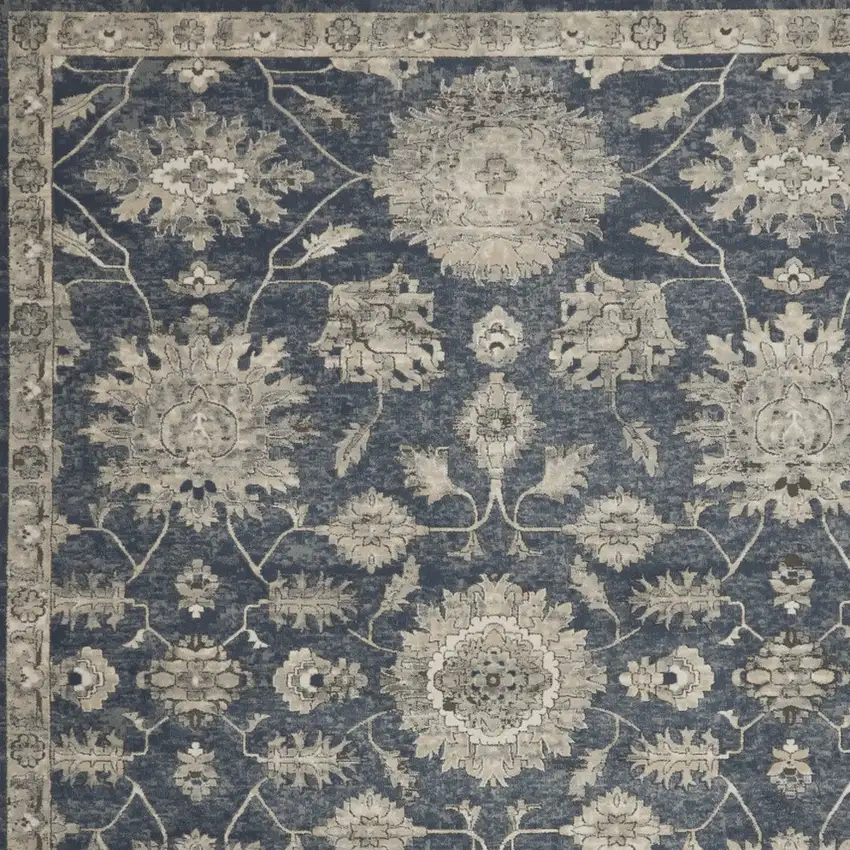 Beige and Blue Floral Medallion Power Loom Area Rug Photo 7