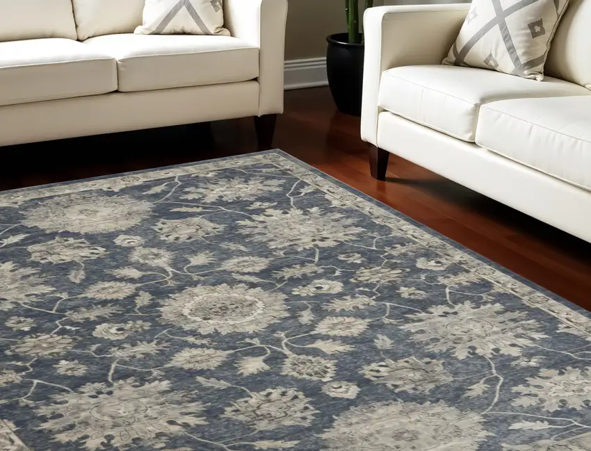 Beige and Blue Floral Medallion Power Loom Area Rug Photo 1