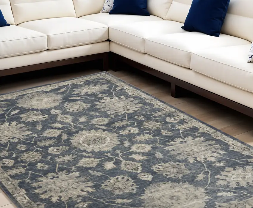 Beige and Blue Floral Medallion Power Loom Area Rug Photo 1