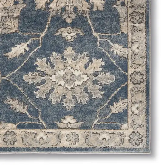 Beige and Blue Floral Medallion Power Loom Area Rug Photo 4