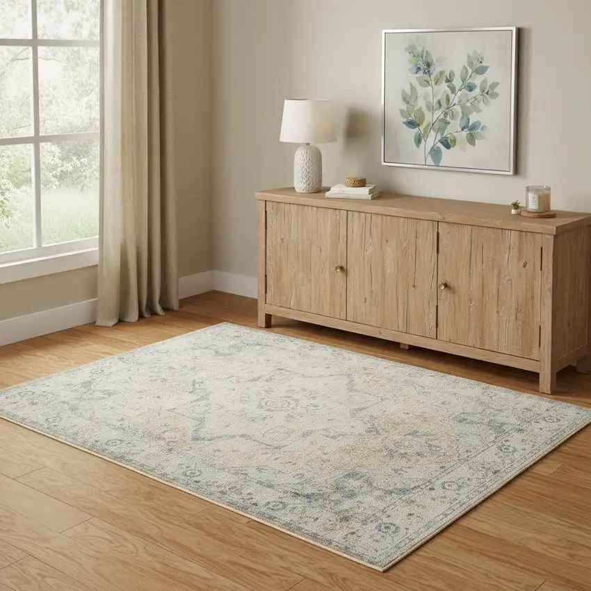 Beige and Blue Floral Medallion Power Loom Distressed Washable Area Rug Photo 1