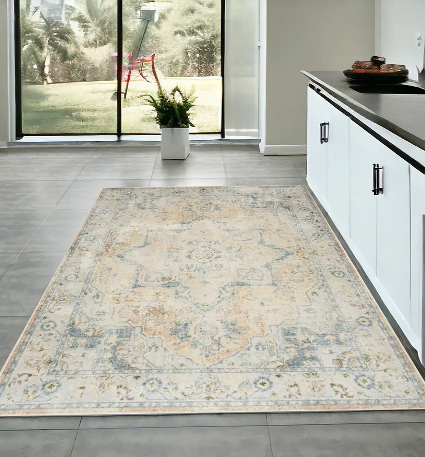 Beige and Blue Floral Medallion Power Loom Distressed Washable Area Rug Photo 1