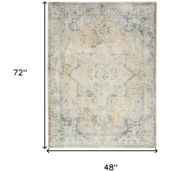 Beige and Blue Floral Medallion Power Loom Distressed Washable Area Rug Photo 3