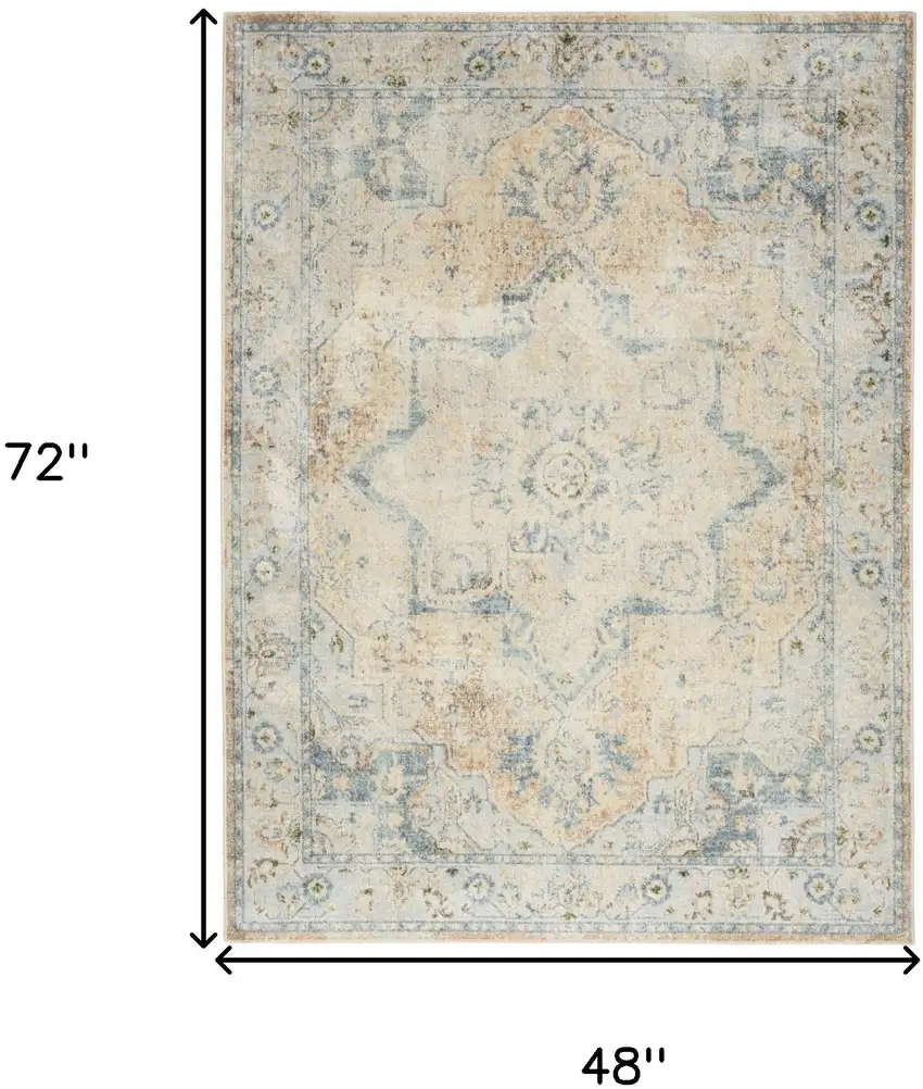 Beige and Blue Floral Medallion Power Loom Distressed Washable Area Rug Photo 3
