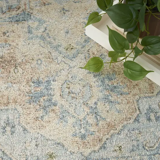 Beige and Blue Floral Medallion Power Loom Distressed Washable Area Rug Photo 4
