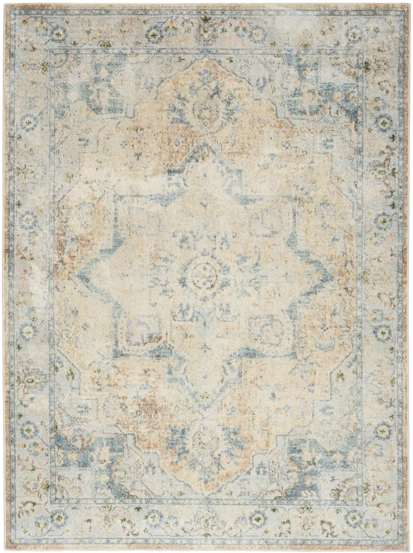Beige and Blue Floral Medallion Power Loom Distressed Washable Area Rug Photo 6