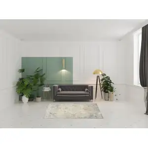 Photo of Beige and Blue Floral Medallion Power Loom Distressed Washable Area Rug