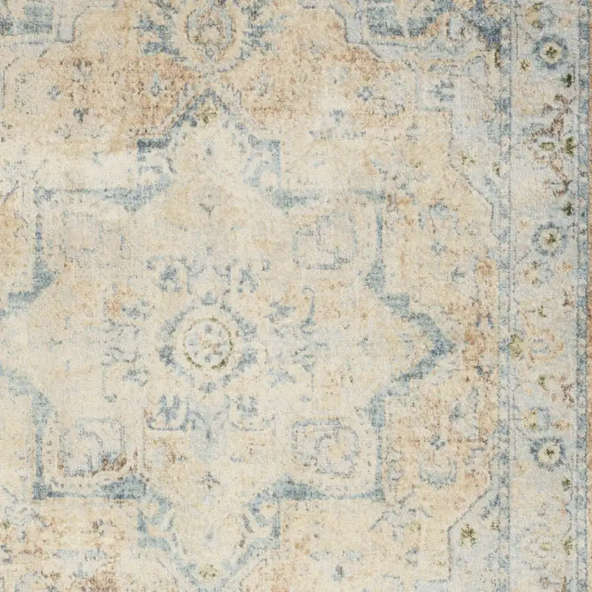 Beige and Blue Floral Medallion Power Loom Distressed Washable Area Rug Photo 7