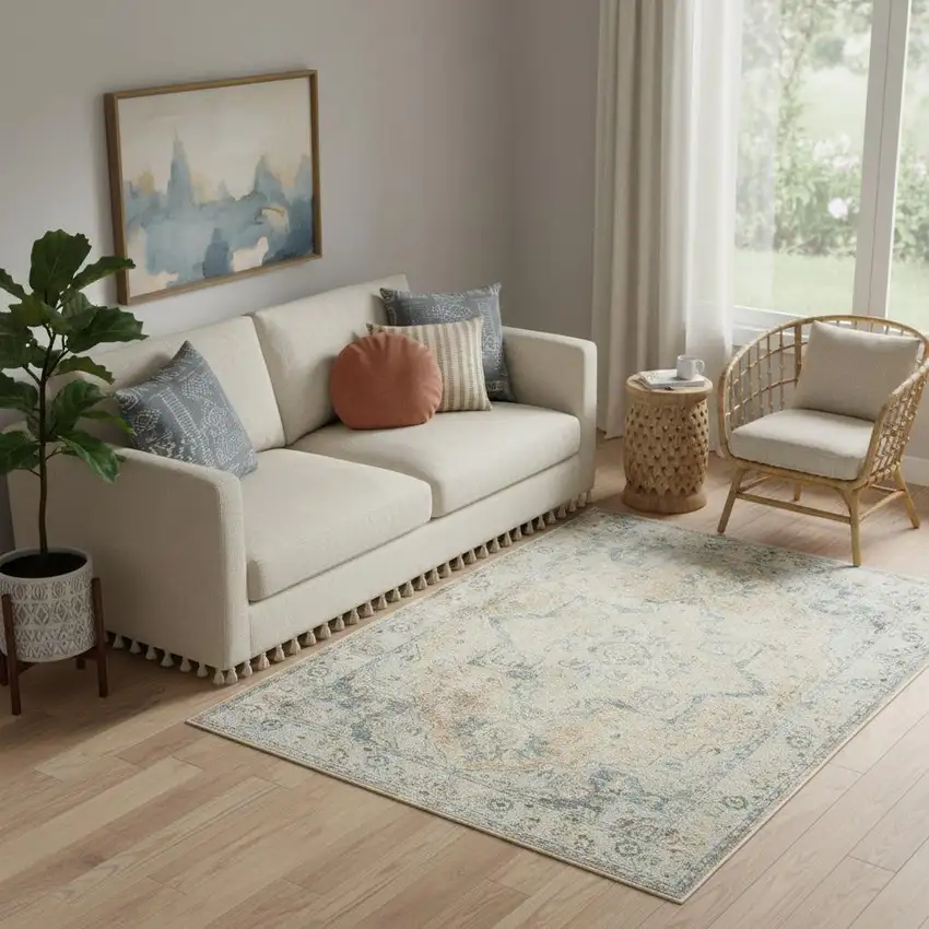 Beige and Blue Floral Medallion Power Loom Distressed Washable Area Rug Photo 1