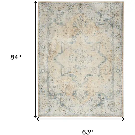 Beige and Blue Floral Medallion Power Loom Distressed Washable Area Rug Photo 3