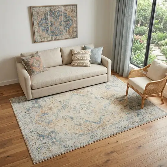 Beige and Blue Floral Medallion Power Loom Distressed Washable Area Rug Photo 1