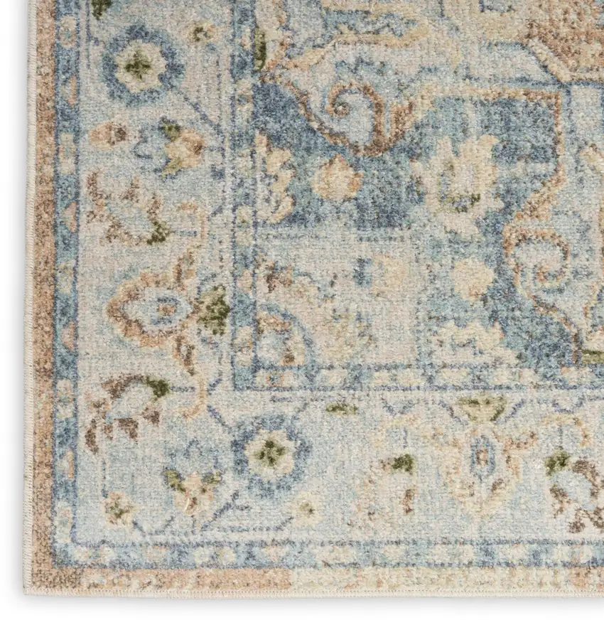 Beige and Blue Floral Medallion Power Loom Distressed Washable Area Rug Photo 6