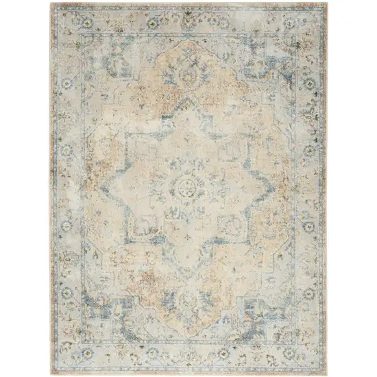 Beige and Blue Floral Medallion Power Loom Distressed Washable Area Rug Photo 6