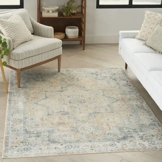 Beige and Blue Floral Medallion Power Loom Distressed Washable Area Rug Photo 3