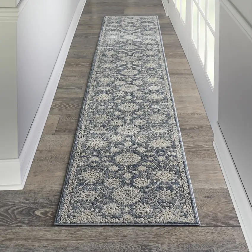 Beige and Blue Floral Medallion Power Loom Runner Rug Photo 9