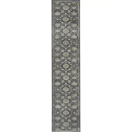 Beige and Blue Floral Medallion Power Loom Runner Rug Photo 2