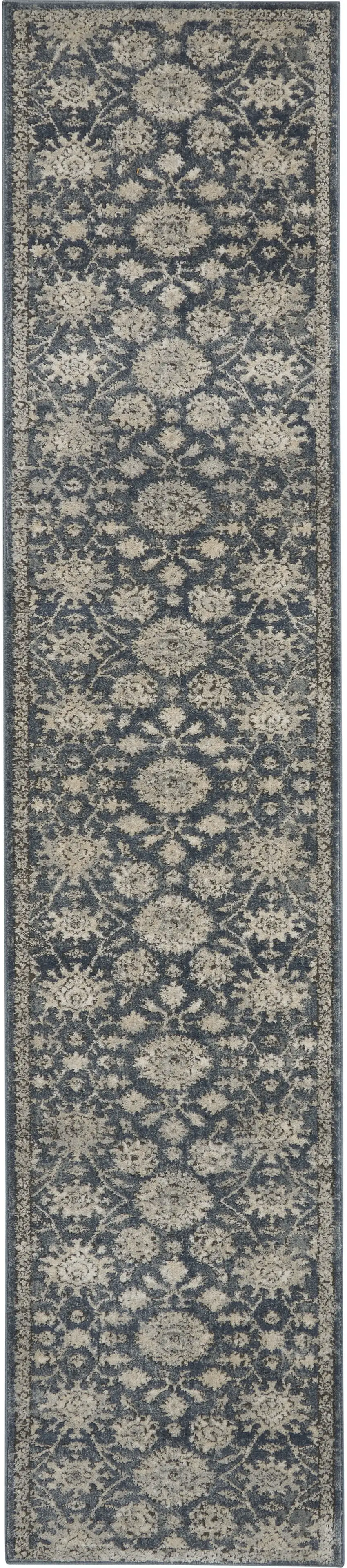 Beige and Blue Floral Medallion Power Loom Runner Rug Photo 2