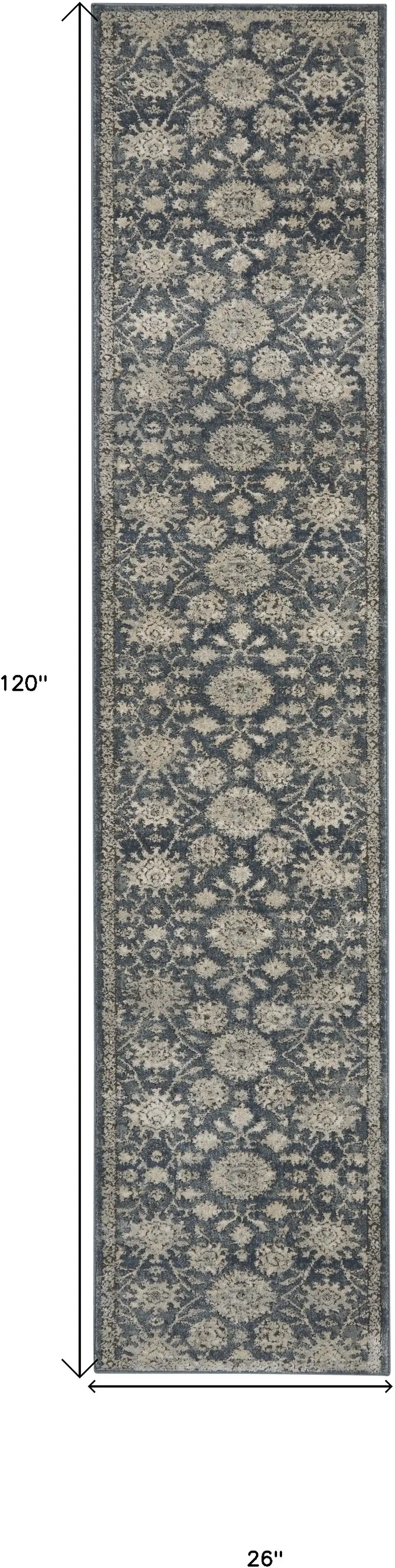 Beige and Blue Floral Medallion Power Loom Runner Rug Photo 3