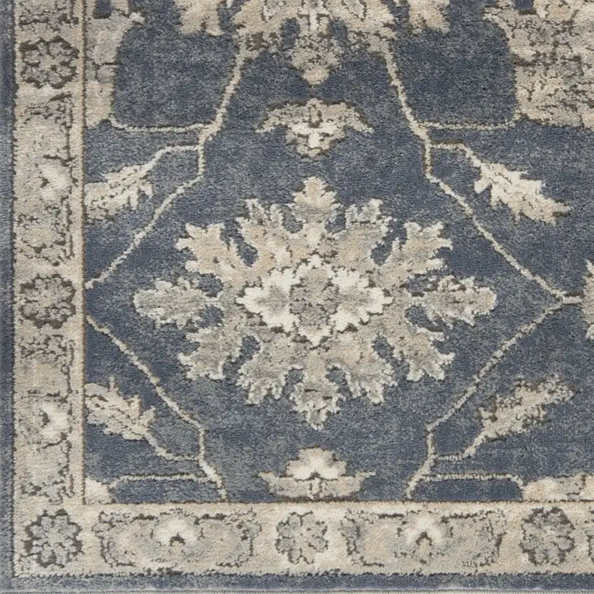 Beige and Blue Floral Medallion Power Loom Runner Rug Photo 4