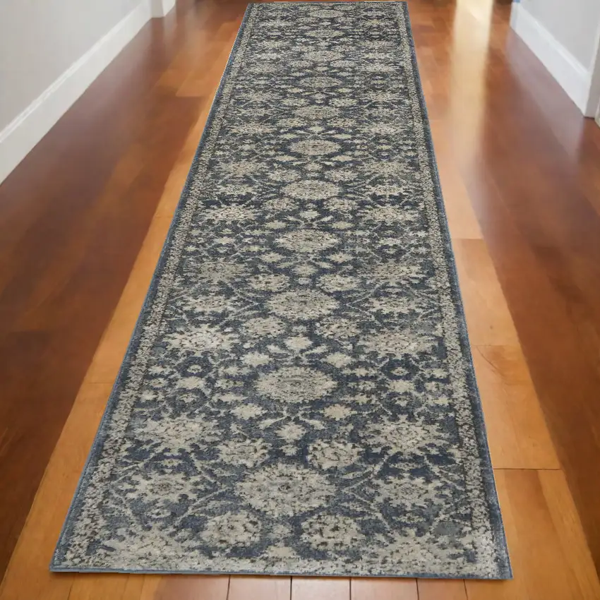 Beige and Blue Floral Medallion Power Loom Runner Rug Photo 1