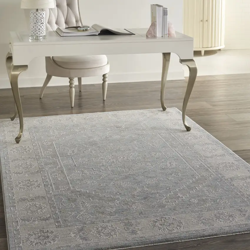 Beige and Blue Floral Power Loom Area Rug Photo 8