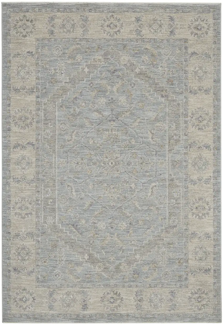 Beige and Blue Floral Power Loom Area Rug Photo 1