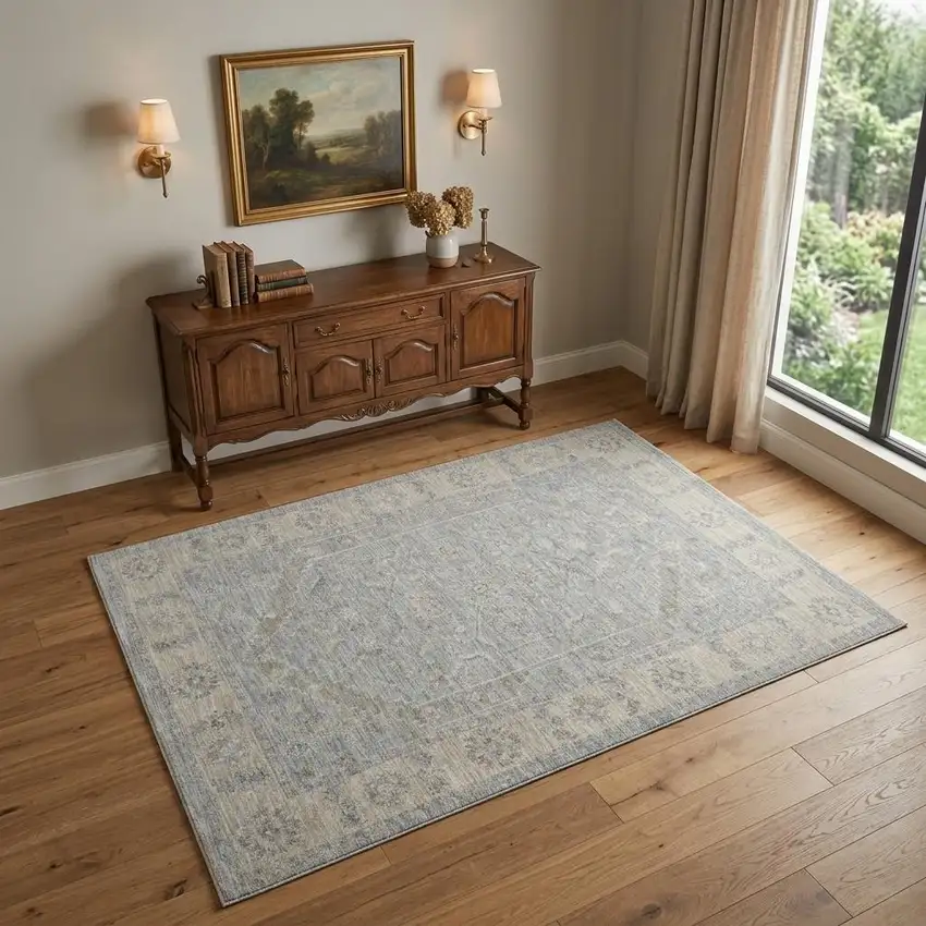 Beige and Blue Floral Power Loom Area Rug Photo 1
