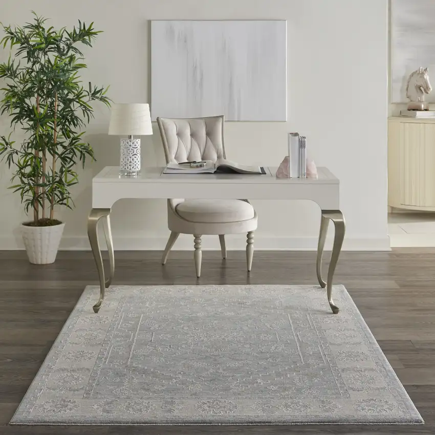 Beige and Blue Floral Power Loom Area Rug Photo 5