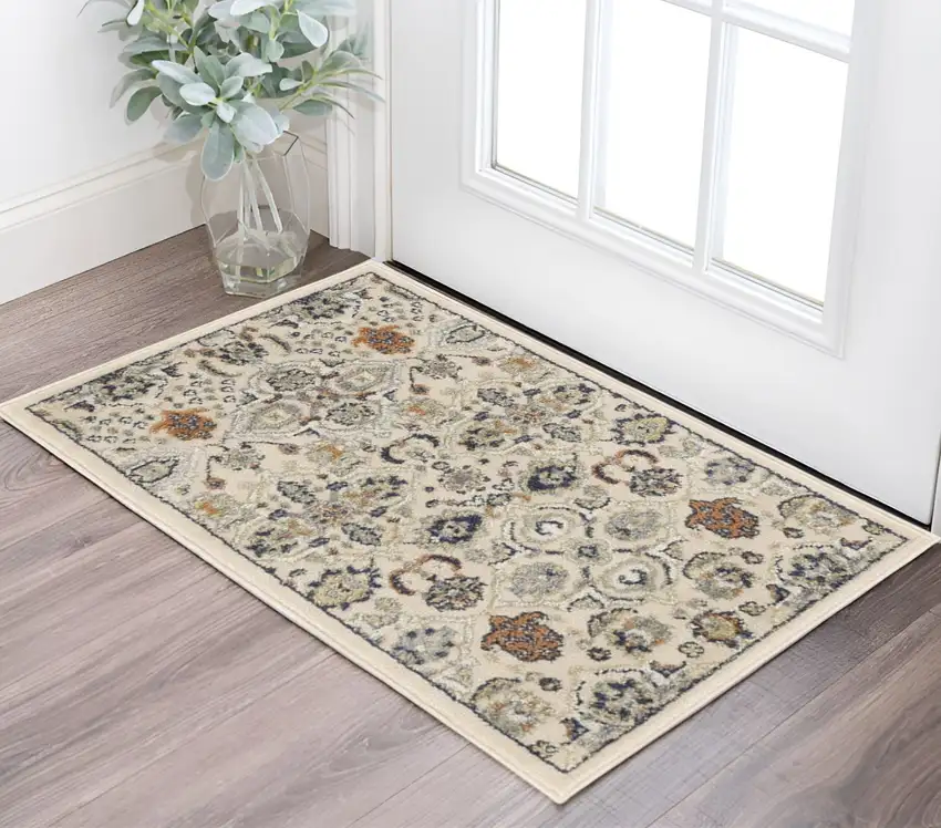 Beige And Blue Floral Area Rug Photo 1