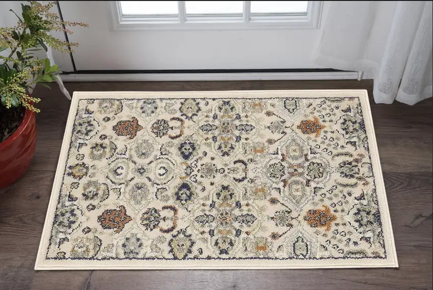 Beige And Blue Floral Area Rug Photo 1