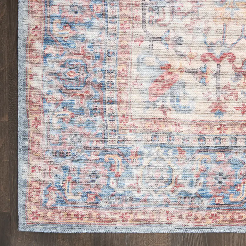 Beige and Blue Floral Power Loom Distressed Runner Rug Photo 4
