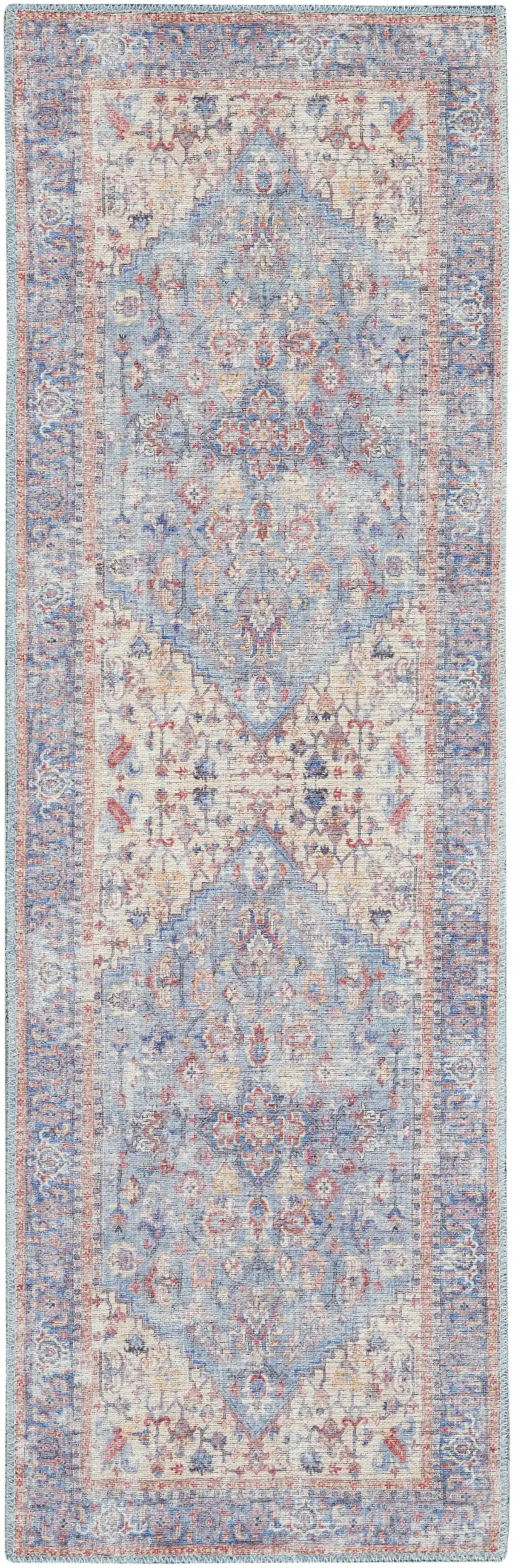 Beige and Blue Floral Power Loom Distressed Runner Rug Photo 2