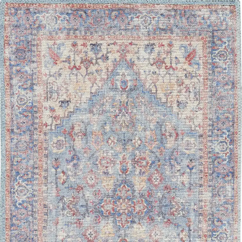 Beige and Blue Floral Power Loom Distressed Runner Rug Photo 9