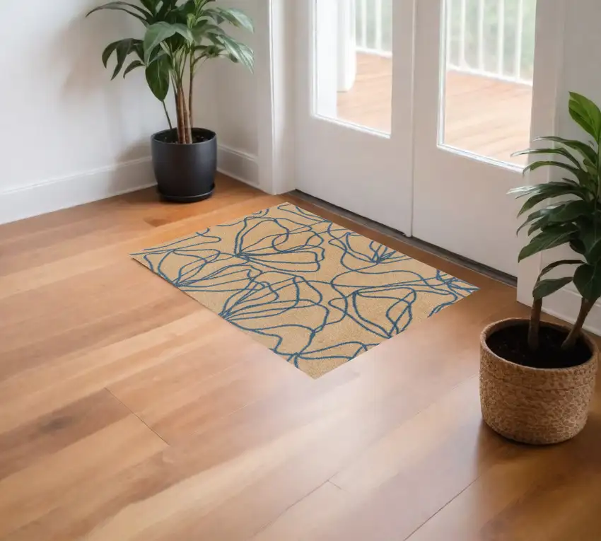 Beige and Blue Floral Washable Area Rug With UV Protection Photo 2