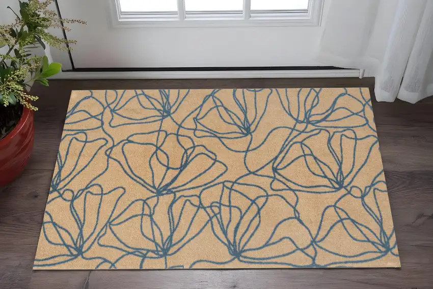 Beige and Blue Floral Washable Non Skid Area Rug With UV Protection Photo 1